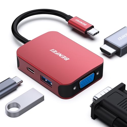 BENFEI USB C HUB 4in1, USB Type-C to HDMI VGA Adapter, USB C to USB Adapter, USB Type-C Power Delivery, Compatible with iPhone 15 Pro/Max, MacBook Pro/Air 2023, iPad Pro, iMac, S23, XPS 17 Red