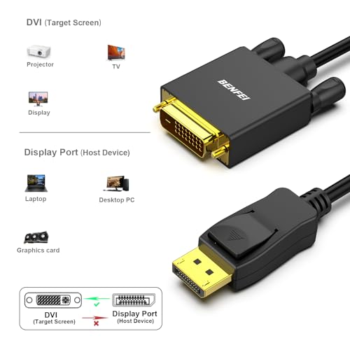 BENFEI DisplayPort to DVI 6 Feet Cable, DisplayPort to DVI Adapter Male to Male Gold-Plated Cord Cable for Lenovo, Dell, HP and Other Brand