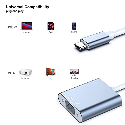 BENFEI USB C to VGA Adapter, Thunderbolt 3/4 to VGA Adapter Compatible with iPhone 15 Pro/Max, MacBook Pro/Air 2023, iPad Pro, iMac, S23, XPS 17, Surface Book 3 and More [Aluminium Shell,Grey]