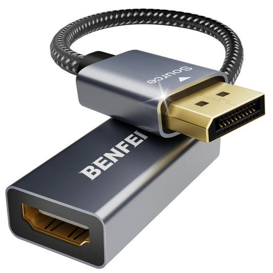 BENFEI 4K DisplayPort 转 HDMI 适配器电缆，（2K 60Hz、1080p 120Hz）单向显示端口转 HDMI 显示器转换器，兼容 HP、Dell、GPU、AMD、NVIDIA 等。公对母 1 灰色