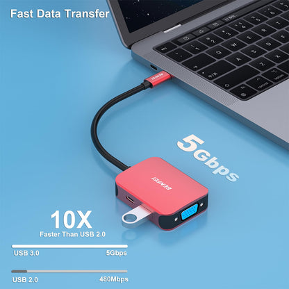 BENFEI USB C HUB 4in1, USB Type-C to HDMI VGA Adapter, USB C to USB Adapter, USB Type-C Power Delivery, Compatible with iPhone 15 Pro/Max, MacBook Pro/Air 2023, iPad Pro, iMac, S23, XPS 17 Red