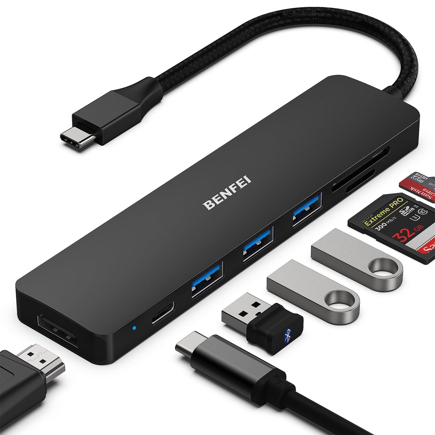 BENFEI USB C HUB 7in1, USB C HUB Multiport Adapter with USB-C to HDMI, USB-C to SD/TF Card Reader/3*USB 3.0/60W Power Delivery, Compatible with iPhone 15 Pro/Max, MacBook, iPad Pro, iMac, S23, XPS17 Black