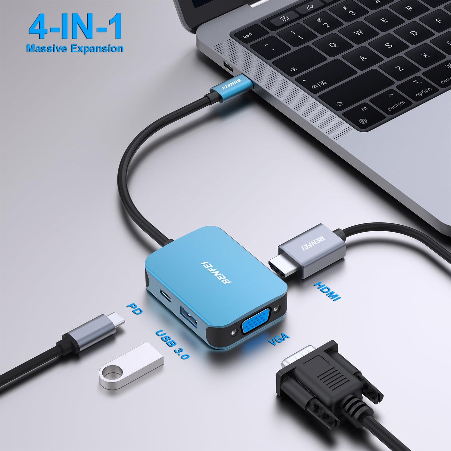 BENFEI USB C HUB 4in1, USB Type-C to HDMI VGA Adapter, USB C to USB Adapter, USB Type-C Power Delivery, Compatible with iPhone 15 Pro/Max, MacBook Pro/Air 2023, iPad Pro, iMac, S23, XPS 17 Blue