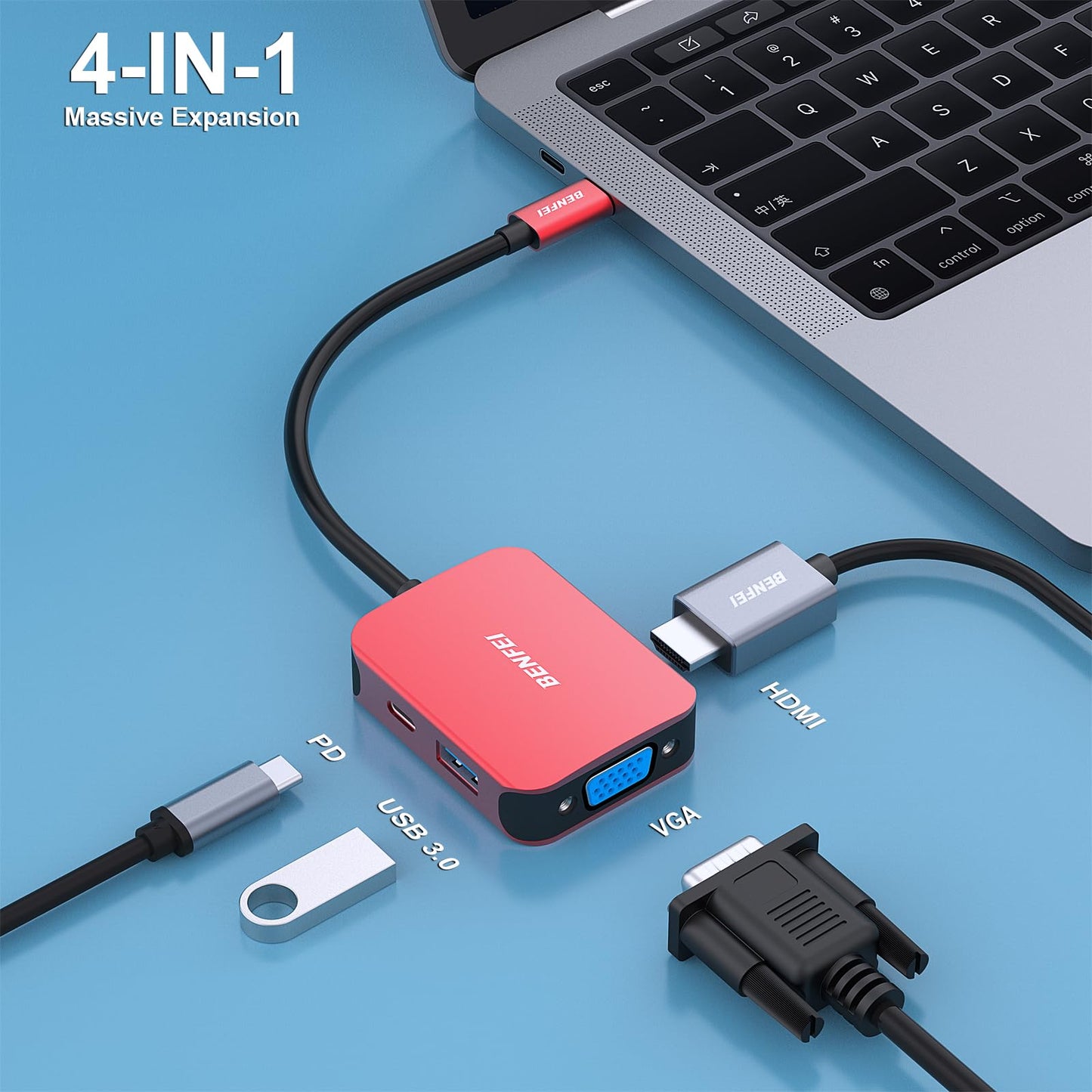 BENFEI USB C HUB 4in1, USB Type-C to HDMI VGA Adapter, USB C to USB Adapter, USB Type-C Power Delivery, Compatible with iPhone 15 Pro/Max, MacBook Pro/Air 2023, iPad Pro, iMac, S23, XPS 17 Red