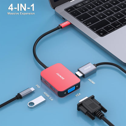 BENFEI USB C HUB 4in1, USB Type-C to HDMI VGA Adapter, USB C to USB Adapter, USB Type-C Power Delivery, Compatible with iPhone 15 Pro/Max, MacBook Pro/Air 2023, iPad Pro, iMac, S23, XPS 17 Red