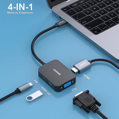 BENFEI USB C HUB 4in1, USB Type-C to HDMI VGA Adapter, USB C to USB Adapter, USB Type-C Power Delivery, Compatible with iPhone 15 Pro/Max, MacBook Pro/Air 2023, iPad Pro, iMac, S23, XPS 17 Black